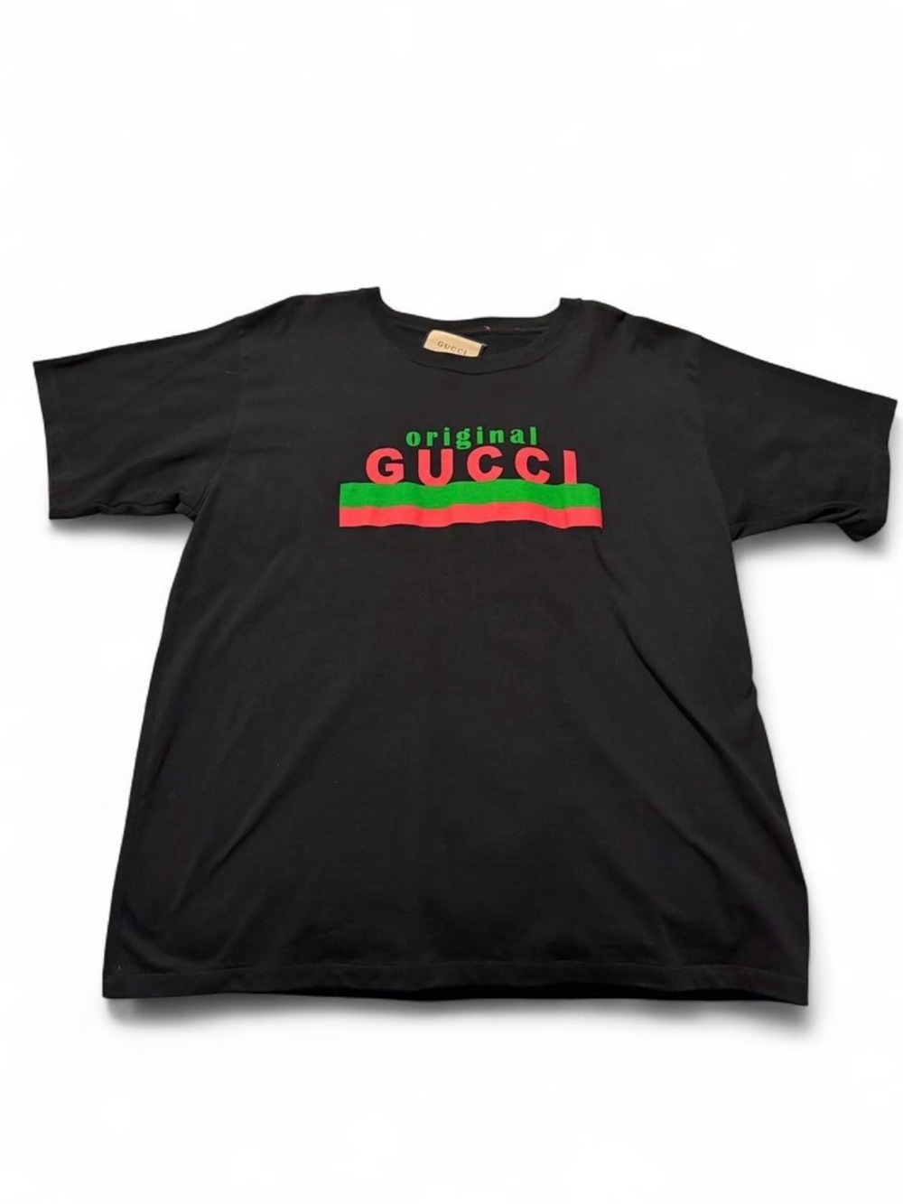 Gucci Black Tee with Green and Red Logo Stripe